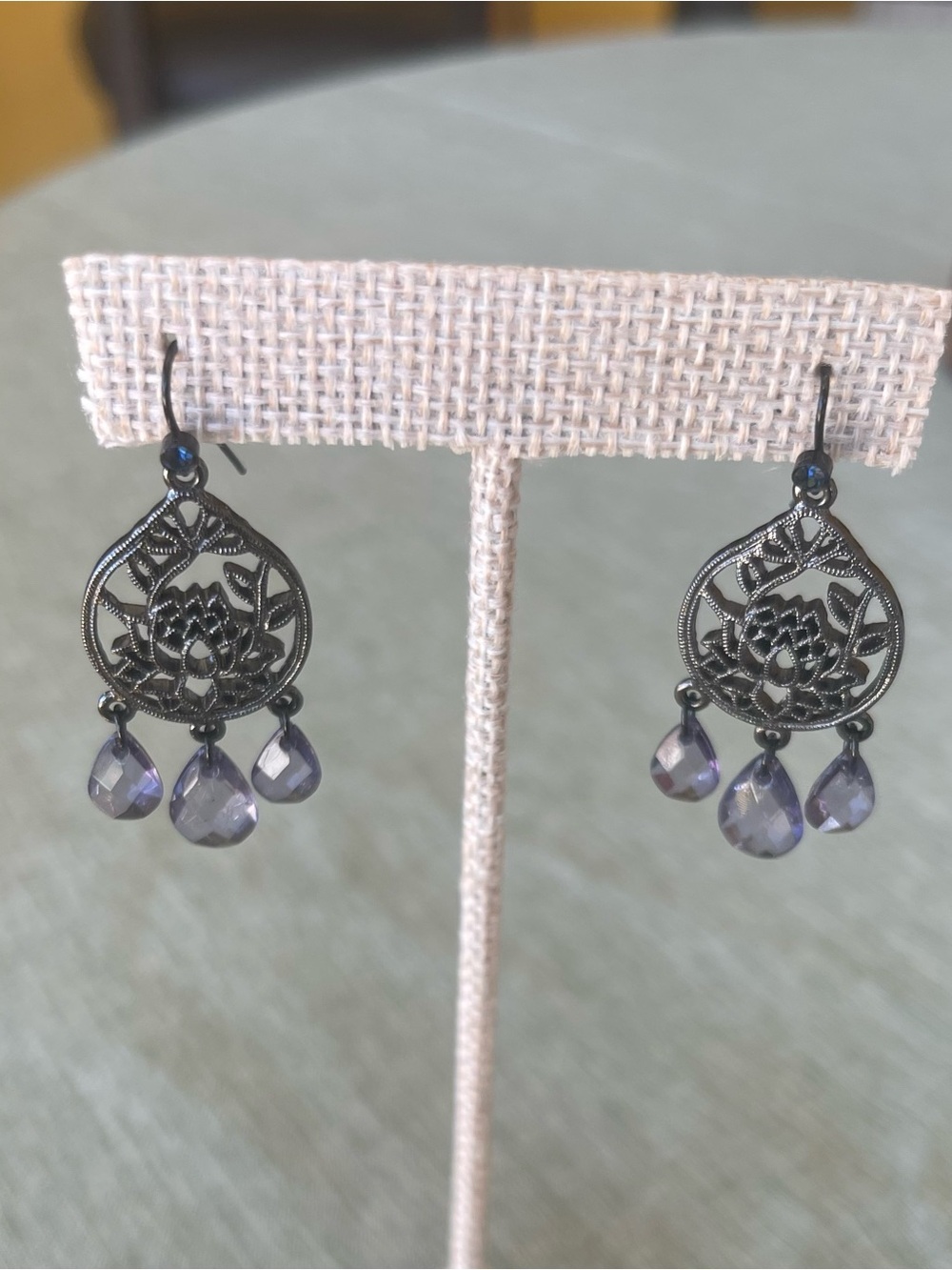 Black Filigree Lotus Drop Earrings with Purple Teardrops